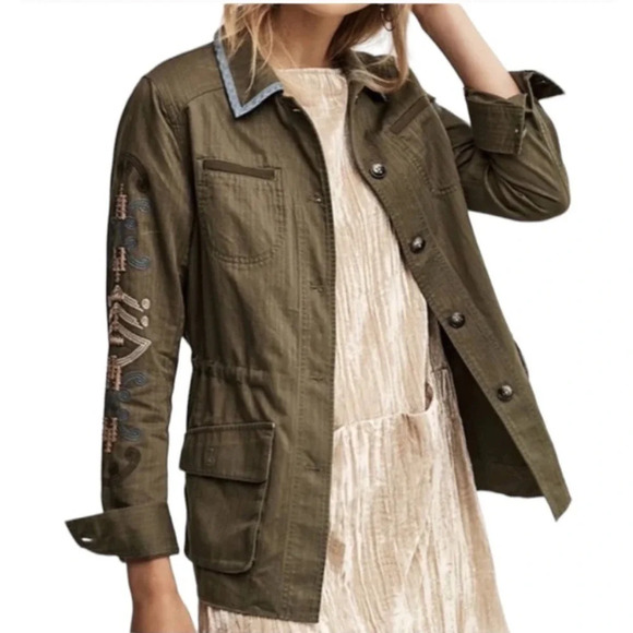 Anthropologie Jackets & Blazers - Anthropologie Hei Hei Utility Jacket Embroidered Beaded Olive Army Green Size XS